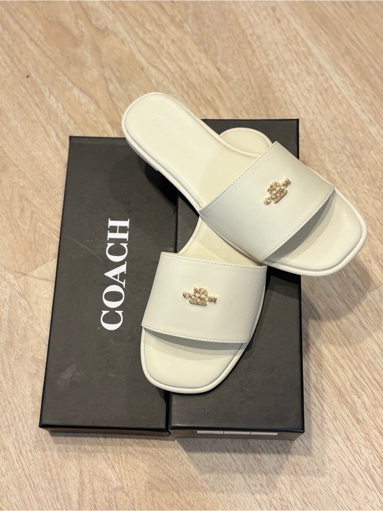 Coach Shoes - Coach Ivory Leather Slide Sandals with Gold Tone Logo